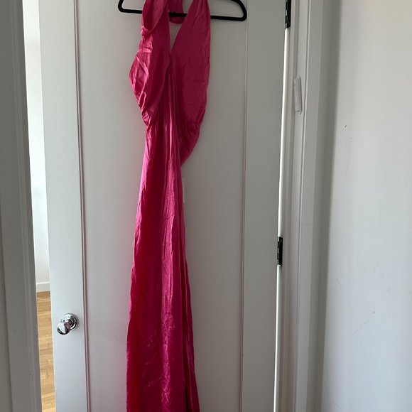 NWT Reformation Veria Silk Maxi Dress Sz 12 Flambe Pink Halter Neckline - Picture 6 of 9